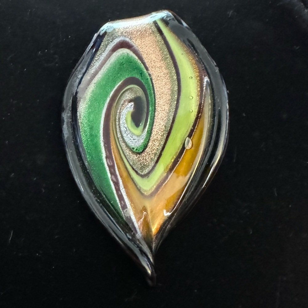 Hand Blown Borosilicate Glass Focal Leaf Pendant Black Green Brown Metallic USA